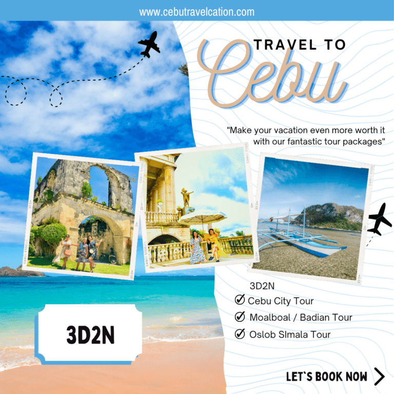 A travel to cebu advertisement with pictures of the beach