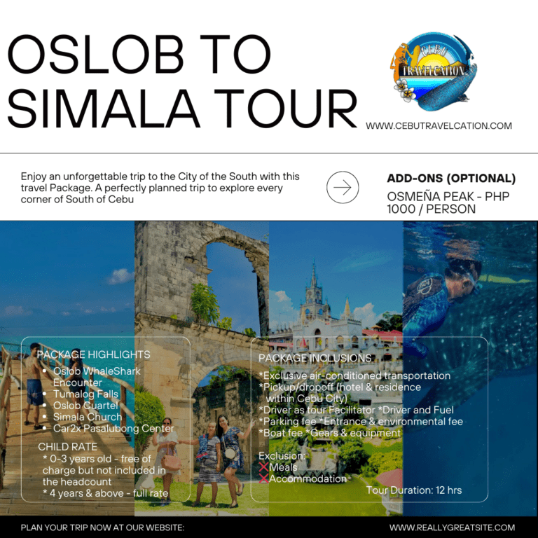 A poster of the oslob to simala tour