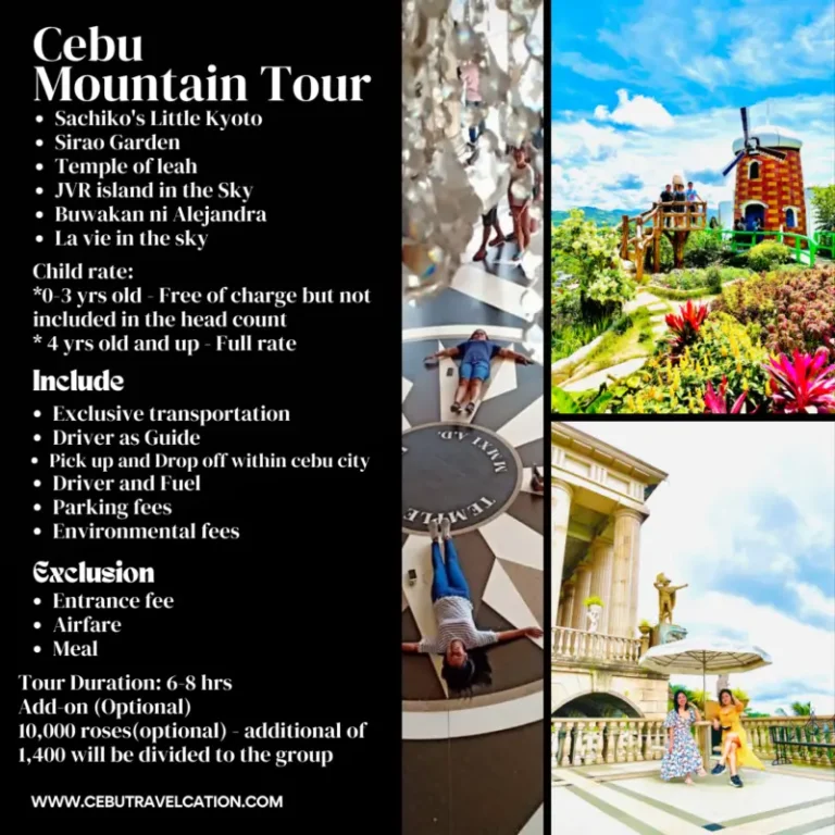 A brochure with information about the cebu mountain tour.